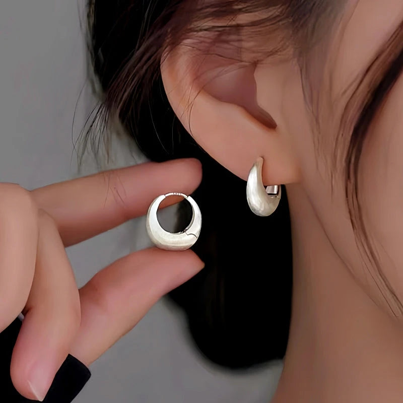 Brushed Silver Chunky Hoop Earrings Worn On Ear Size Reference
