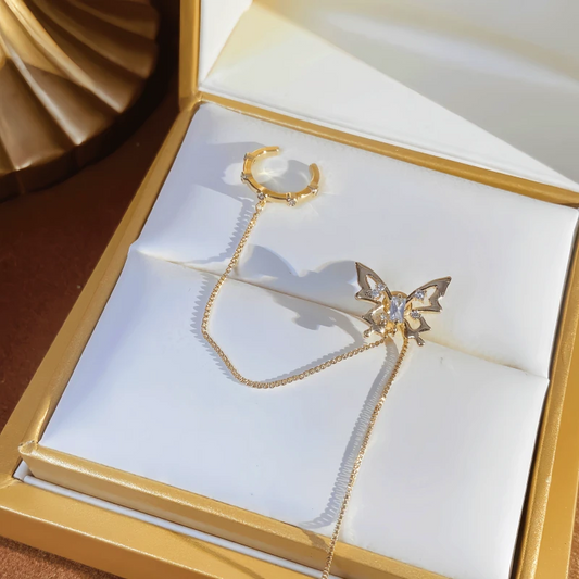 Model showcasing the dangle and style of the 14K Gold-Plated Micro-Diamond Butterfly Ear Clip Earrings (1 PCS )