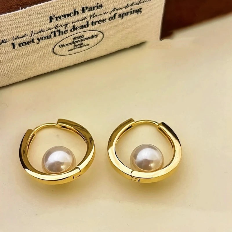Gold Pearl Huggie Hoop Earrings, Elegant French Style Women's Jewelry