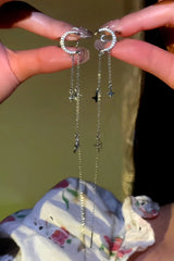 Sparkling silver crescent moon star long tassel no-piercing dangle ear cuffs