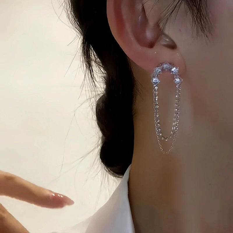 Silver CZ U-Shaped Double Chain Drop Earring on Right Ear Side View