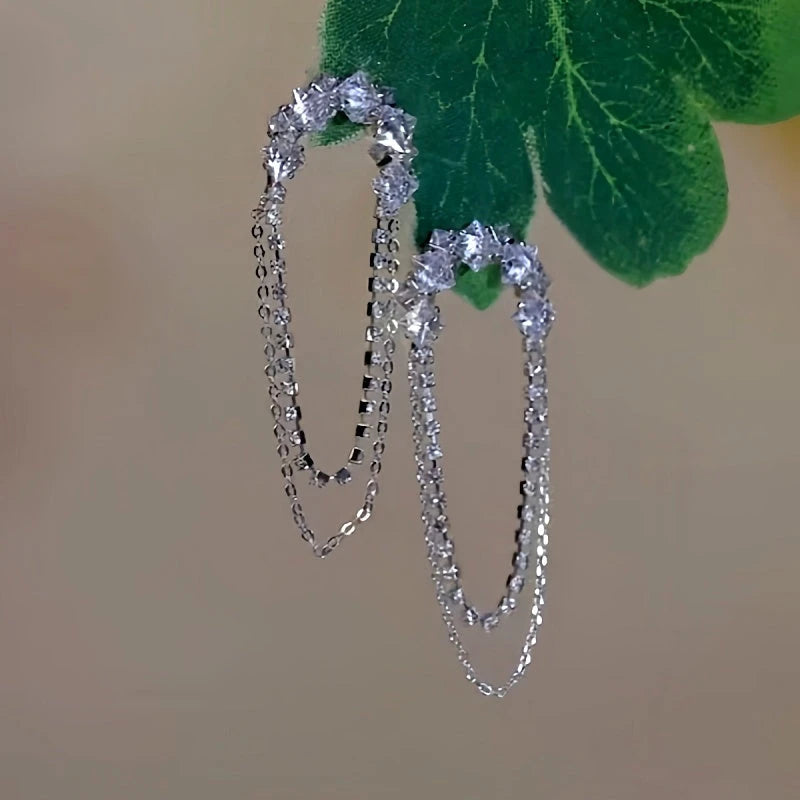 Pair of sparkly silver clear crystal layered chain drop earrings