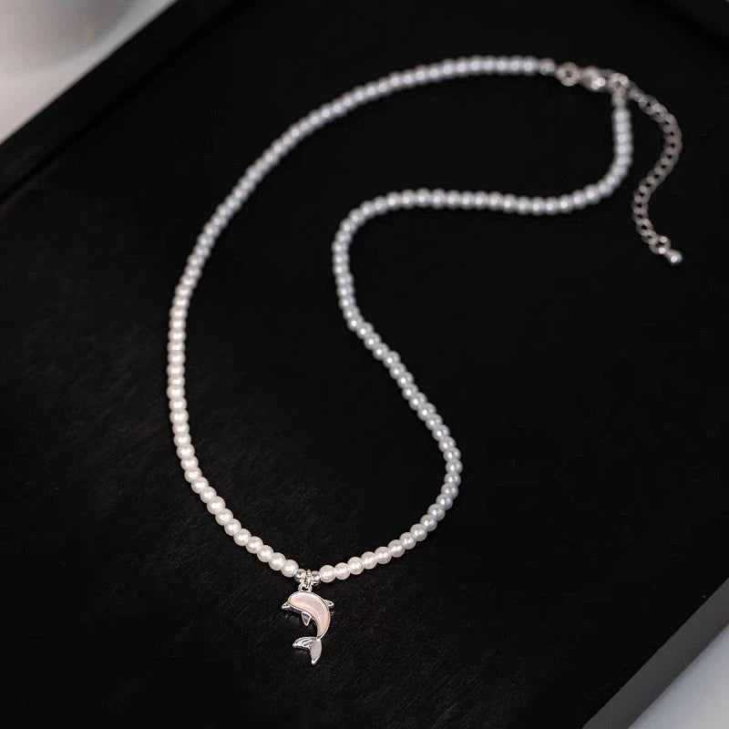 White Pearl Choker Necklace with Silver Dolphin Pendant