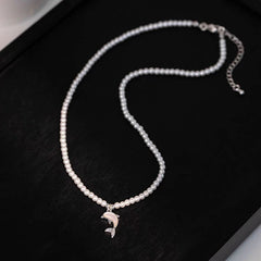 White Pearl Choker Necklace with Silver Dolphin Pendant