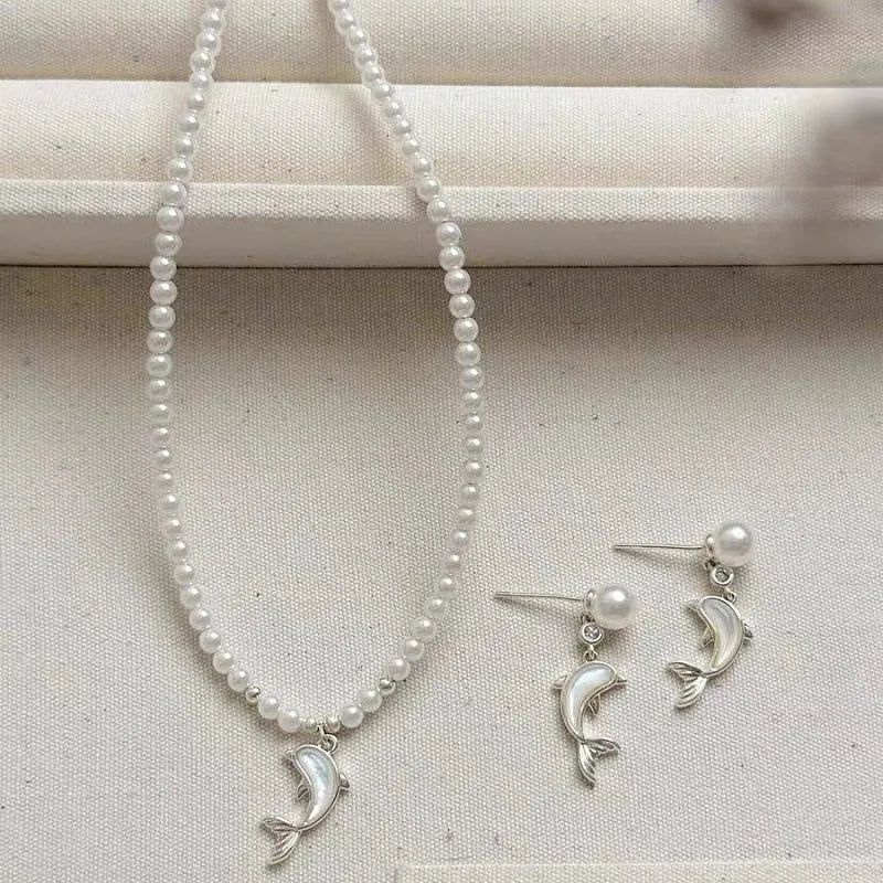 Pearl Dolphin Pendant Necklace and Matching Dangle Earrings Jewelry Set