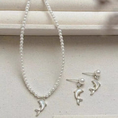 Pearl Dolphin Pendant Necklace and Matching Dangle Earrings Jewelry Set