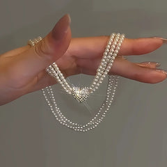 14K Gold-Plated Multi-Layered Magnetic Diamond Heart Pearl Necklace - beautiful Magnetic Heart Pearl
