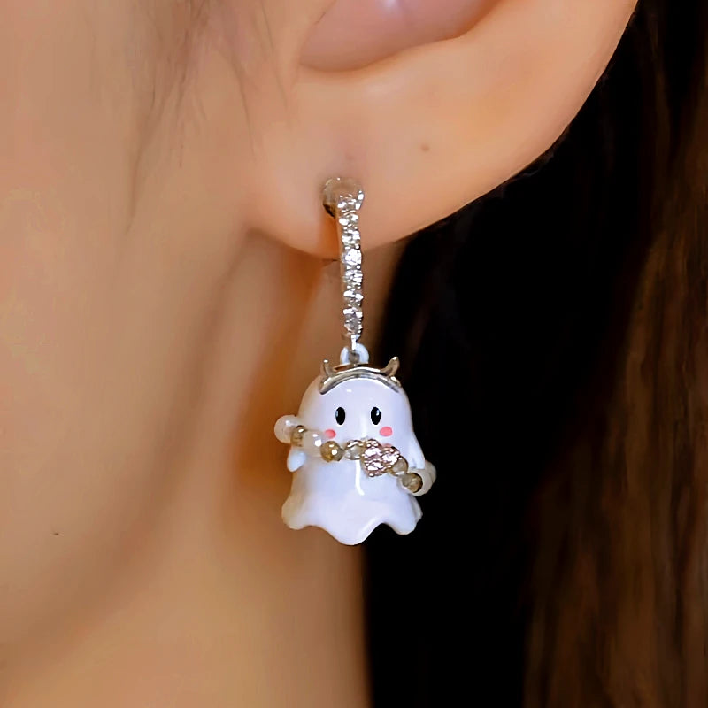 Angled view of the 14K Gold-Plated Night Ghost Halloween Earrings And Necklace set