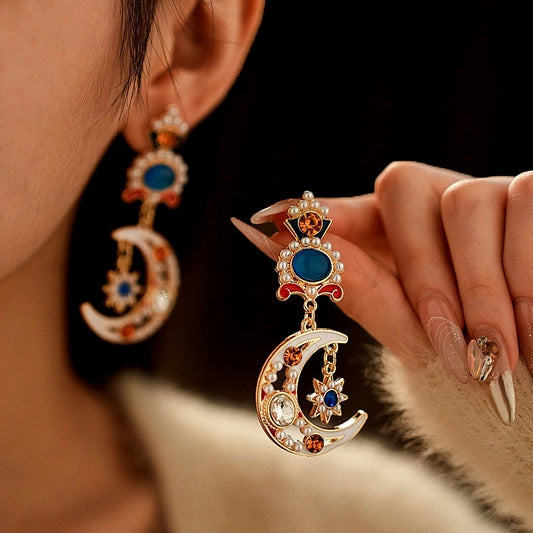 14K Gold-Plated Oil-Drop Diamond Moon Star Flower Pearl Earrings - elegant Moon Star Earrings