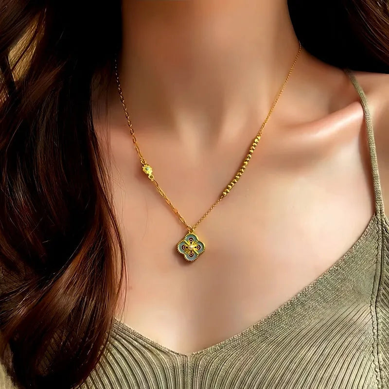 14K Gold-Plated Oil-Drop Flower Patchwork Necklace worn to showcase its length and pendant detail
