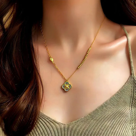 14K Gold-Plated Oil-Drop Flower Patchwork Necklace worn to showcase its length and pendant detail