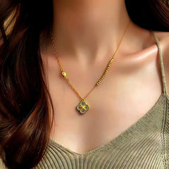 14K Gold-Plated Oil-Drop Flower Patchwork Necklace worn to showcase its length and pendant detail