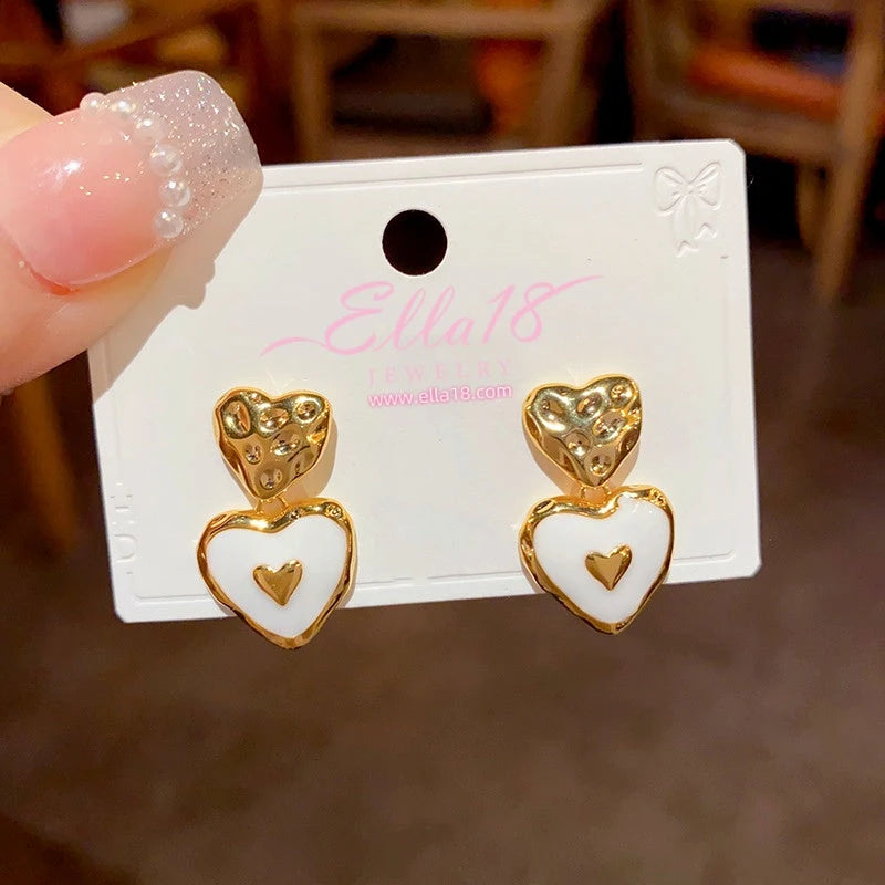 Ella18 Gold Hammered White Enamel Double Heart Drop Dangle Earrings