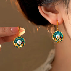 Vintage Gold Teal Enamel Flower Dangle Earrings, Shown on Ear and Held in Hand