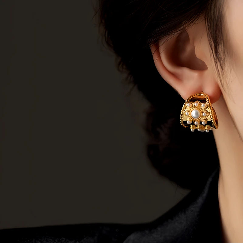 Close-up detail of the sparkling zircons and plating on the Pearl C-Shaped Earrings