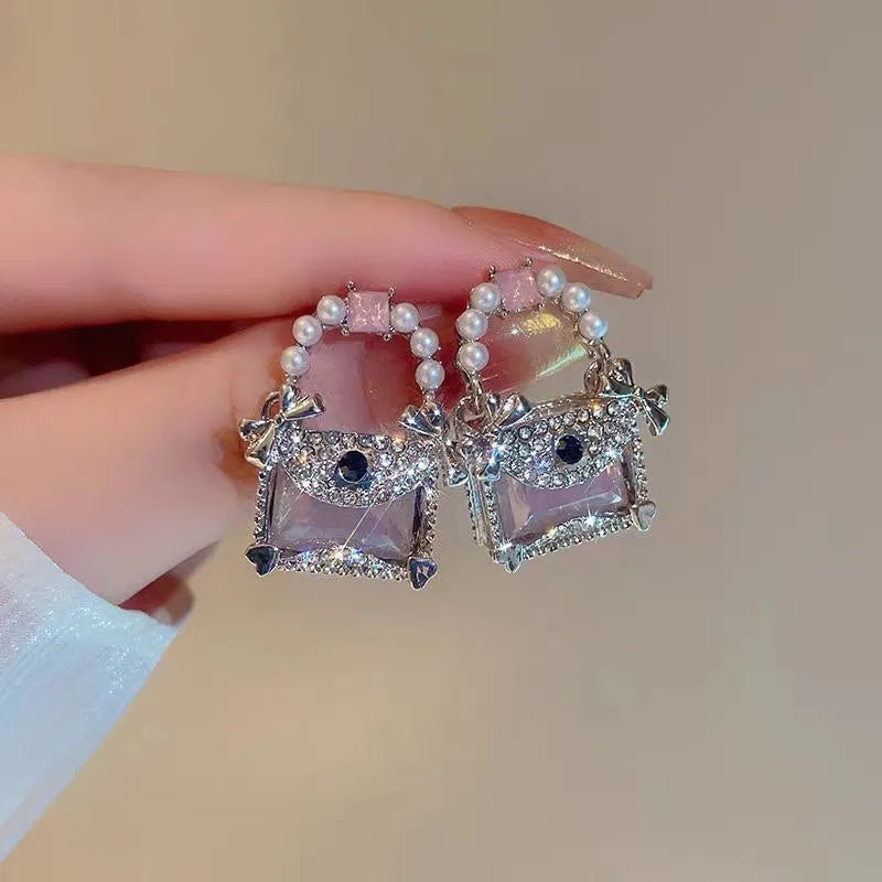 Cute Mini Handbag Shaped Silver Stud Earrings with Pearl, Rhinestone and Pink Crystal Accents