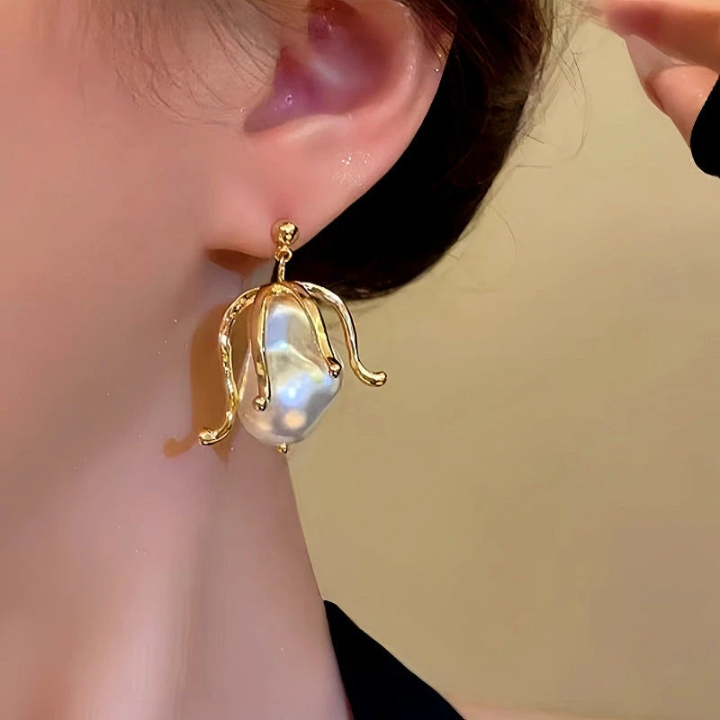 Close-up detail of the sparkling zircons and plating on the Pearl Flower Earrings