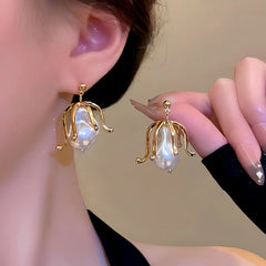 14K Gold-Plated Pearl Flower Earrings - elegant Pearl Flower Earrings