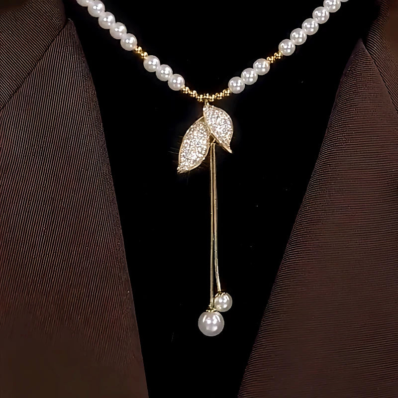 14K Gold-Plated Pearl Leaf Sweater Necklace - beautiful Pearl Leaf Necklace