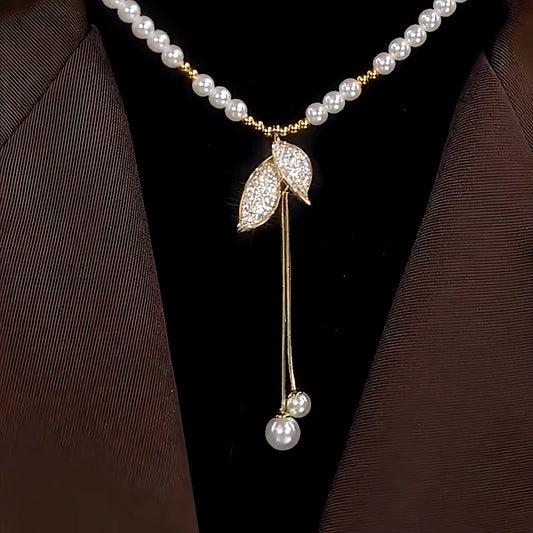 14K Gold-Plated Pearl Leaf Sweater Necklace - beautiful Pearl Leaf Necklace