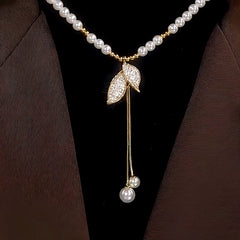 14K Gold-Plated Pearl Leaf Sweater Necklace - beautiful Pearl Leaf Necklace