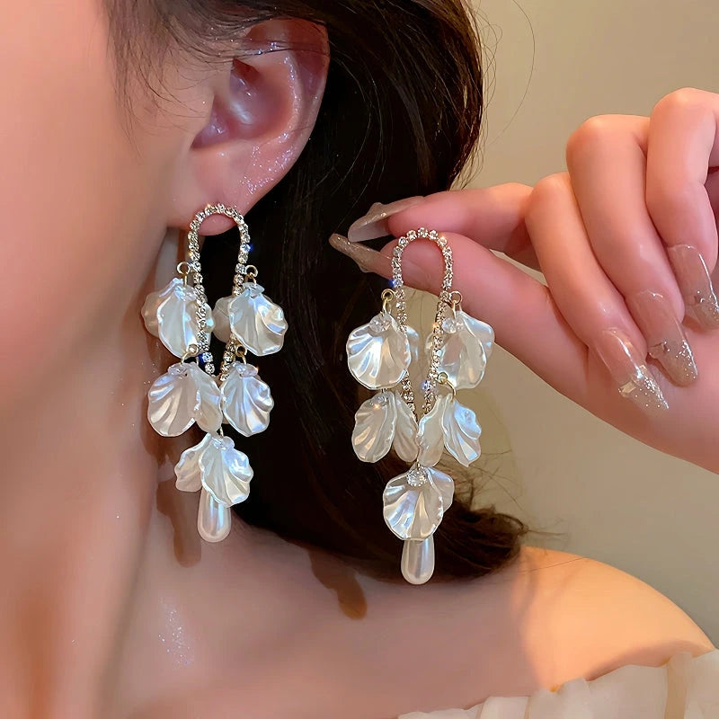 14K Gold-Plated Pearl Petal Tassel Earrings - elegant Petal Tassel Earrings