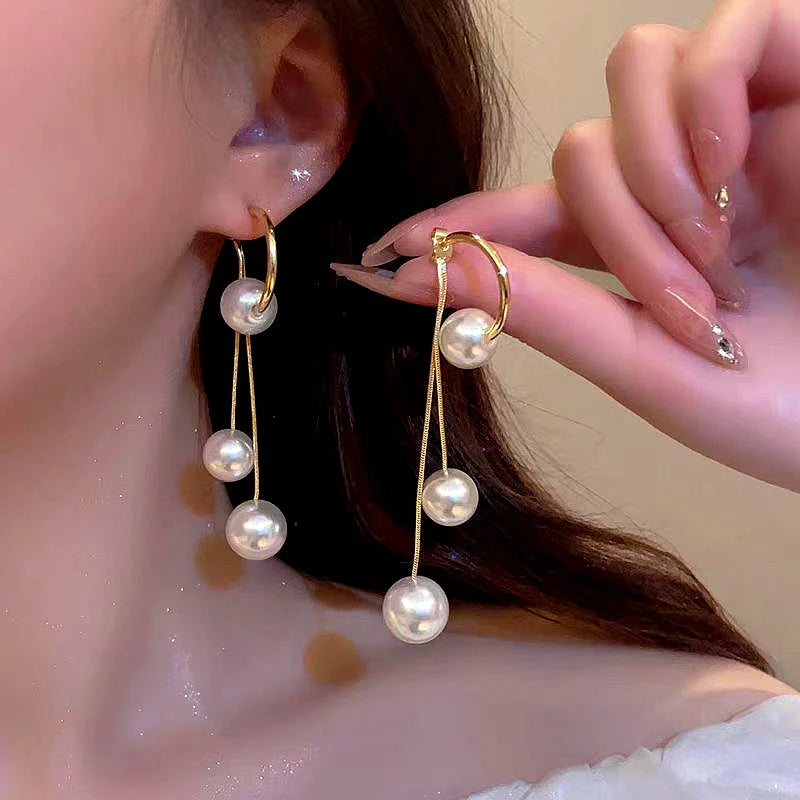 14K Gold-Plated Pearl Tassel Earrings - elegant Pearl Tassel Earrings