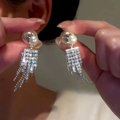 14K Gold-Plated Pearl Zircon Tassel Earrings - elegant Zircon Tassel Earrings