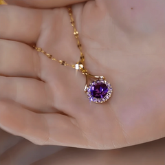 14K Gold-Plated Pendant Purple Crystal Necklace worn to showcase its length and pendant detail