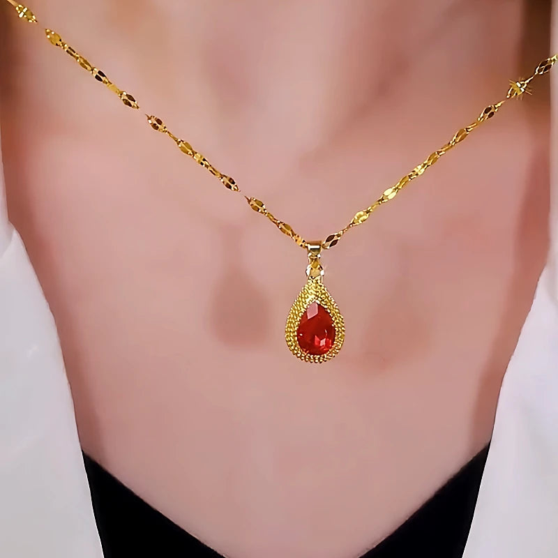 14K Gold-Plated Pendant Red Diamond Necklaces worn to showcase its length and pendant detail