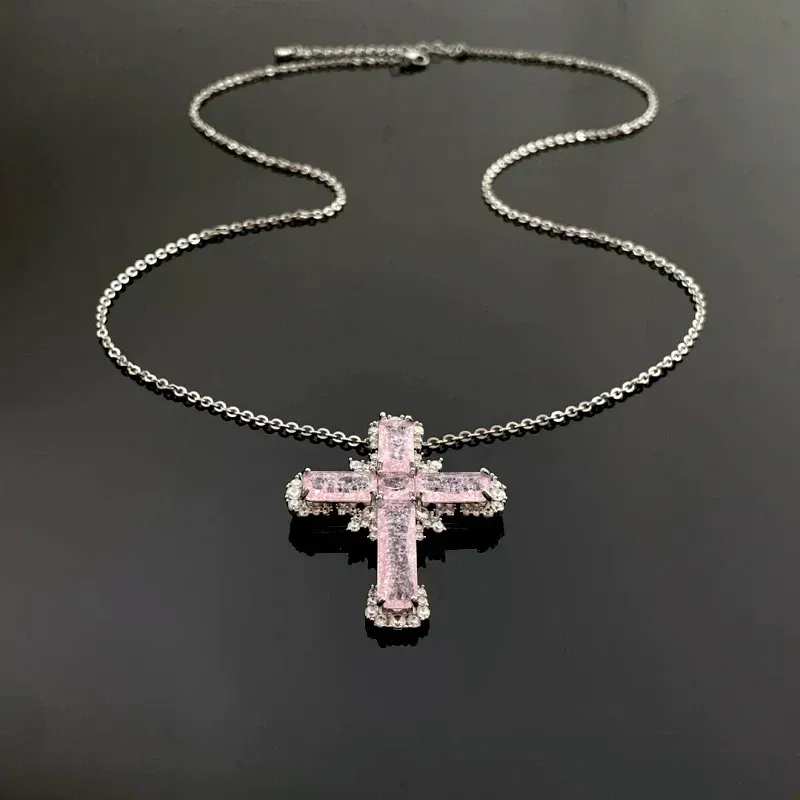 14K Gold-Plated Pink Zircon Cross Necklace worn to showcase its length and pendant detail