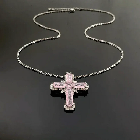 14K Gold-Plated Pink Zircon Cross Necklace worn to showcase its length and pendant detail