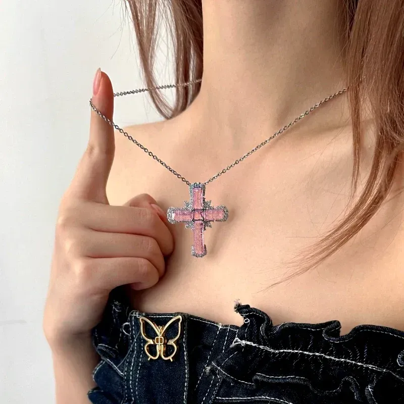 14K Gold-Plated Pink Zircon Cross Necklace - beautiful Zircon Cross Necklace