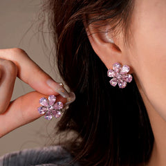 14K Gold-Plated Pink Zircon Diamond Flower Necklace And Earrings Set worn to showcase its length and pendant detail