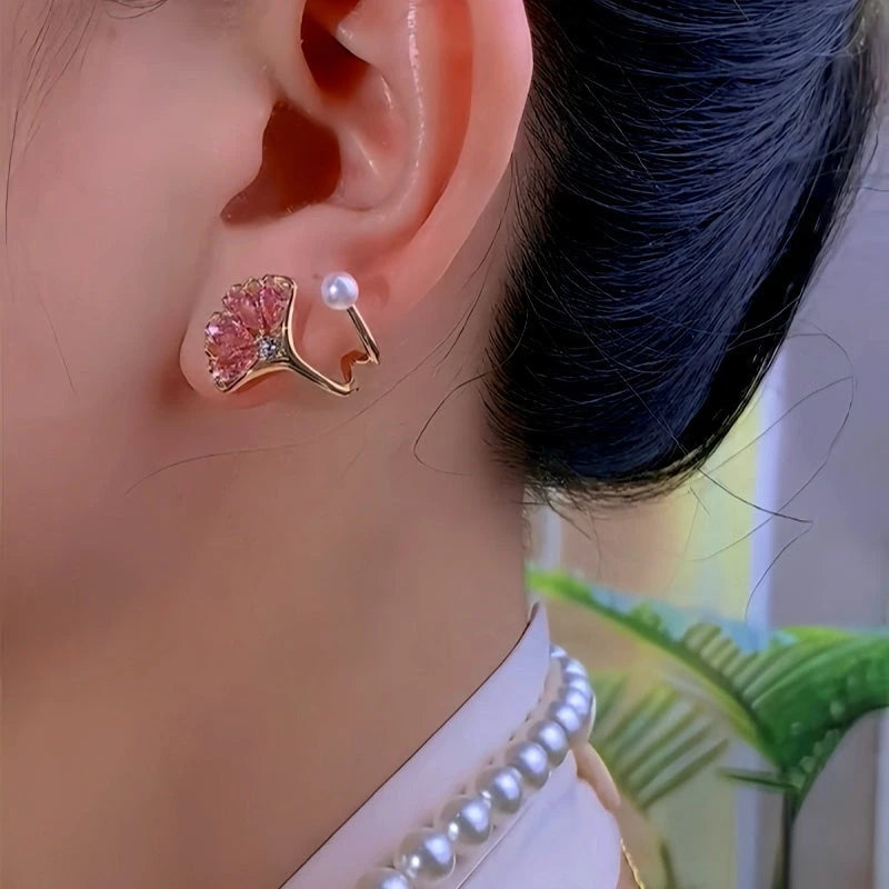 Close-up detail of the sparkling zircons and plating on the Zircon Ginkgo Earrings