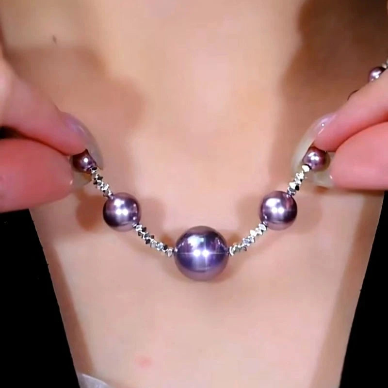14K Gold-Plated Purple Broken Silver Purple Pearl Necklace worn to showcase its length and pendant detail