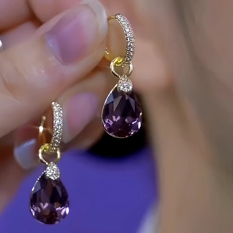 14K Gold-Plated Purple Crystal Water Drop Earrings - elegant Crystal Water Drop