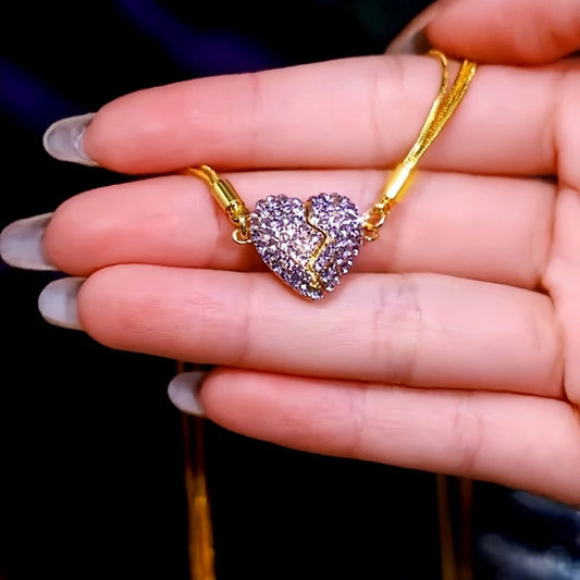 14K Gold-Plated Purple Diamond Magnetic Heart Necklaces worn to showcase its length and pendant detail