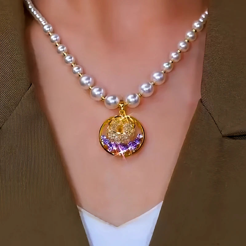 14K Gold-Plated Purple Diamond Mesh Hoop Bead Necklace worn to showcase its length and pendant detail