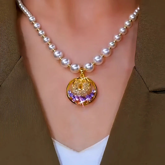 14K Gold-Plated Purple Diamond Mesh Hoop Bead Necklace worn to showcase its length and pendant detail