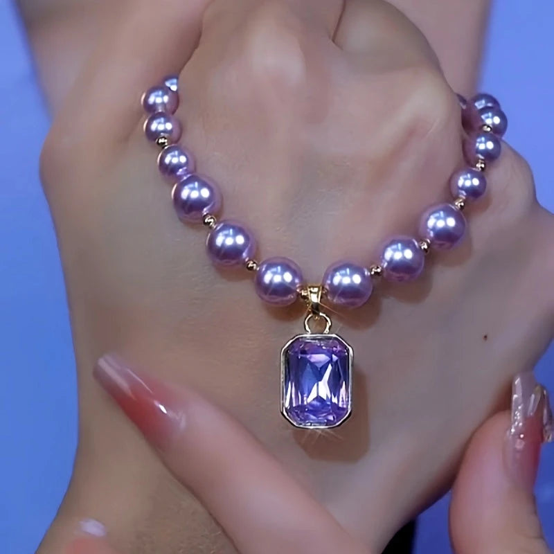 14K Gold-Plated Purple Diamond Pearl Necklace - beautiful Diamond Pearl Necklace