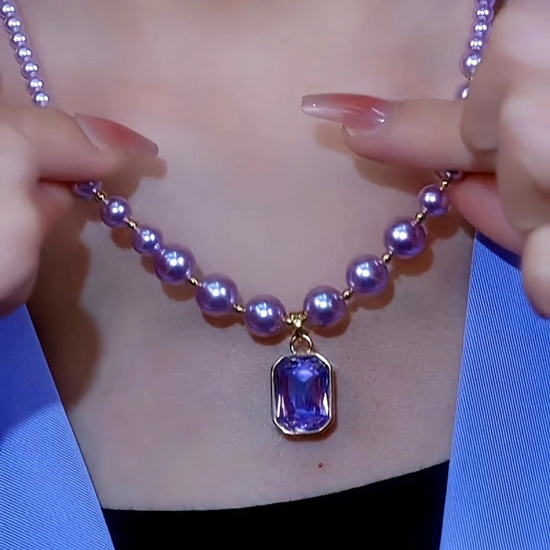 14K Gold-Plated Purple Diamond Pearl Necklace worn to showcase its length and pendant detail