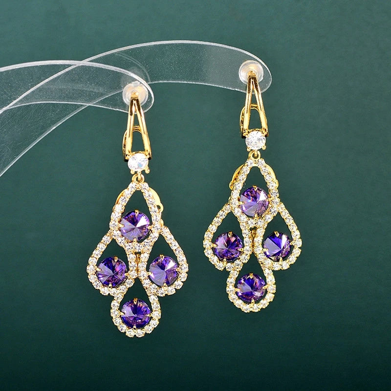 Gold Purple Crystal Peacock Feather Dangle Drop Earrings with Clear CZ Accents
