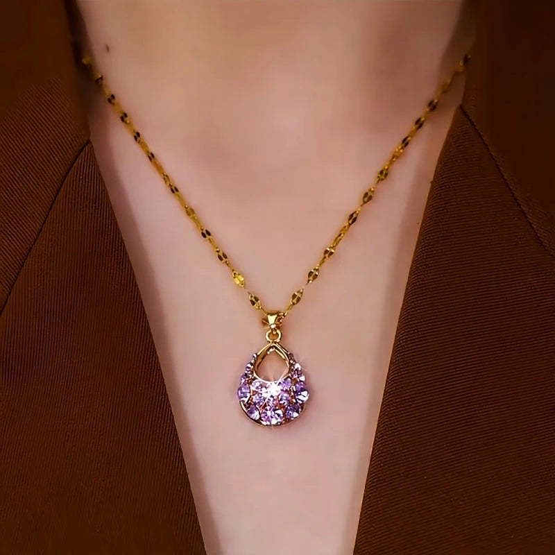 14K Gold-Plated Purple Diamond Water Drop Necklace worn to showcase its length and pendant detail