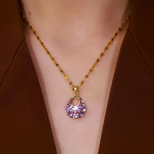 14K Gold-Plated Purple Diamond Water Drop Necklace worn to showcase its length and pendant detail