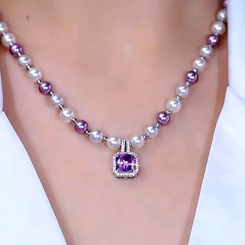 14K Gold-Plated Purple Full Diamond Sugar Cube Pearl Necklace - beautiful Sugar Cube Necklace