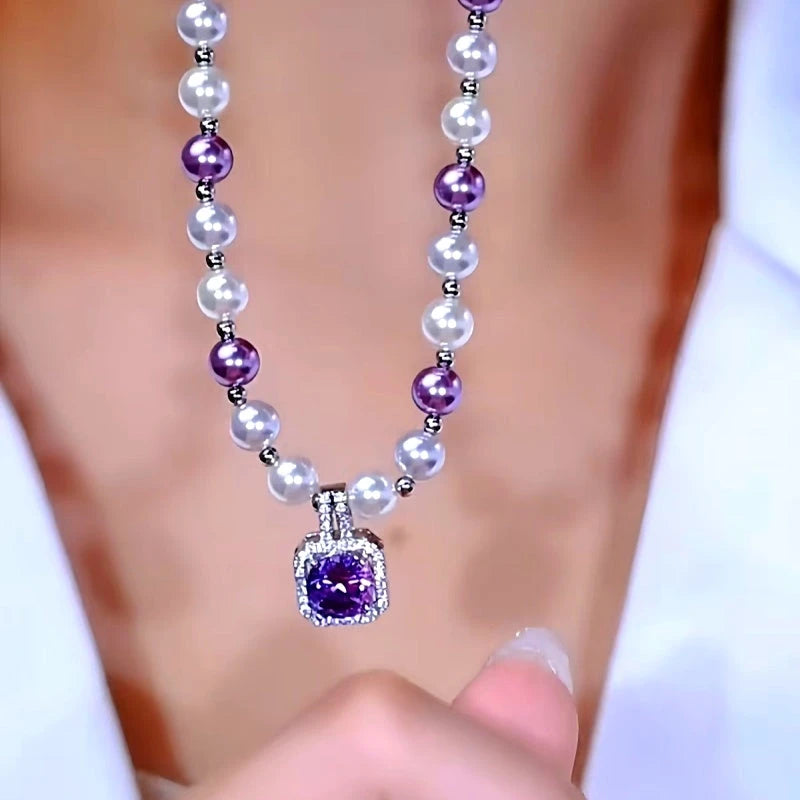 14K Gold-Plated Purple Full Diamond Sugar Cube Pearl Necklace worn to showcase its length and pendant detail