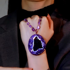 14K Gold-Plated Purple Inlaid Beads Sweater Necklace worn to showcase its length and pendant detail