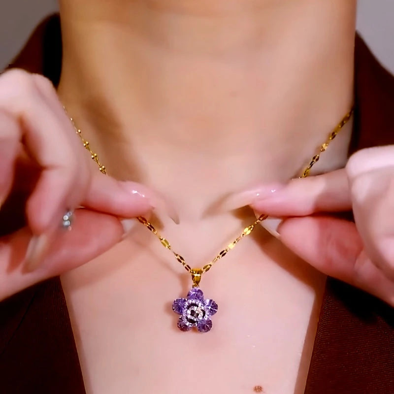14K Gold-Plated Purple Rose Necklaces worn to showcase its length and pendant detail