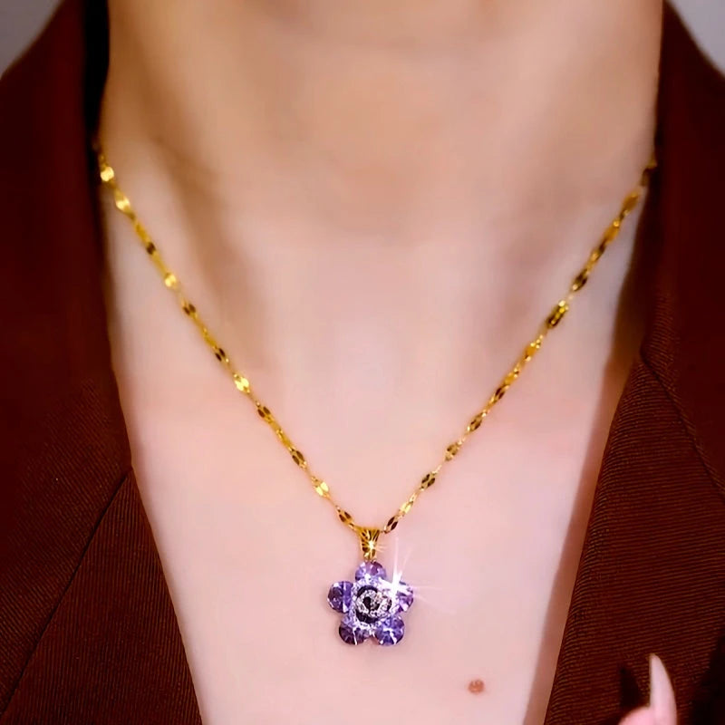 Detailed view of the 14K Gold-Plated Purple Rose Necklaces chain and pendant